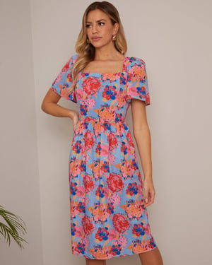 Petite Square Neck Floral Midi Dress in Multi