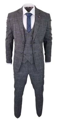 Heren 3-delig grijs met blauw geruit tweed vintage klassiek pak