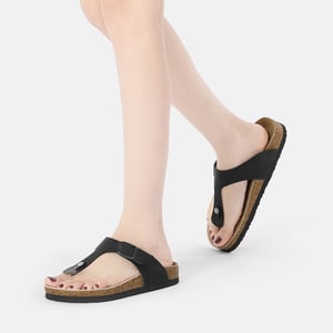 EVER AU Women Flamingo Leather Toe Thong Sandals - Black Leather