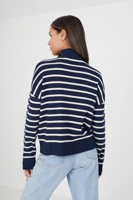 Navy 'Jottie' Striped 1/2 Zip Knitted Jumper