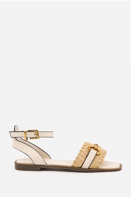 Wheres That From Womens 'Bonnie' Pu Straw Detail Strap Sandals With Buckle Closure