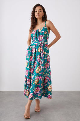 Petite Green Floral Tiered Pocket Midi Dress