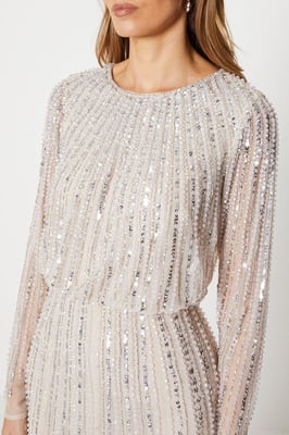 Linear Sequin Embellished Long Sleeve Midi Dress
