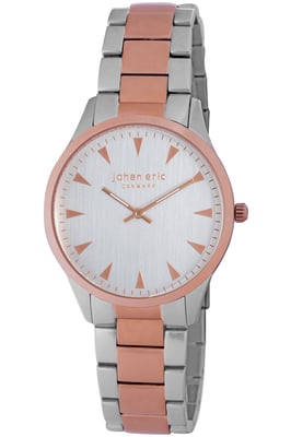 Johan eric: helsingør, men's, silver dial watch w triangular rose gold tone hr-markers, stainless steel and rose gold ip case and bracelet
