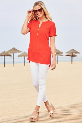 Red Zip Front Short Sleeve Tunic Top