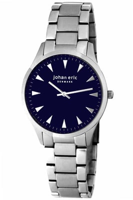 Johan eric: helsingør, men's, blue dial watch w triangular hr-markers, brushed and polished solid stainless steel bracelet