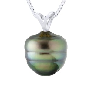 Geketteld Hanger V Draad Wit Goud 750 en Echte GeCultiveerde Tahiti Parel Gecirceld 9-10 mm