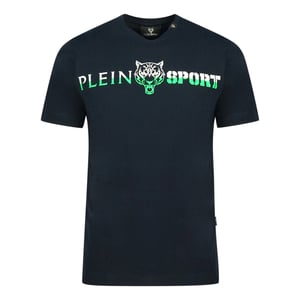 Plein Sport Marineblauw T-shirt met gedurfd gespleten logo