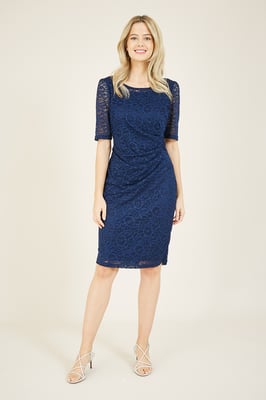 Yumi Navy Ruched Lace Dress
