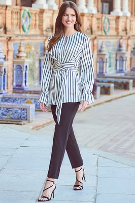 Ivory & Black Satin Stripe Keyhole Detail Tie Side Top