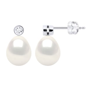 Earrings Prestige -Diamonds 0,02 Cts - Quality HSI - White Gold - Real Cultured Freshwater Pearls Pear 8-9 mm
