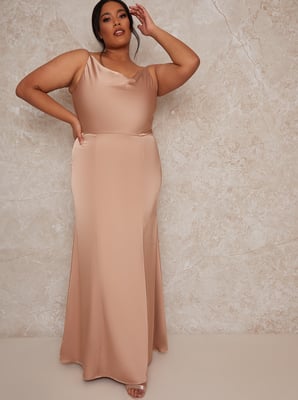 Plus Size Cowl Neck Satin Slip Maxi Dress in Champagne