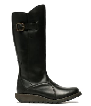 Fly London Dames Zwarte MOL 2 Leren Wedge Heel Kniehoge Rits Laarzen