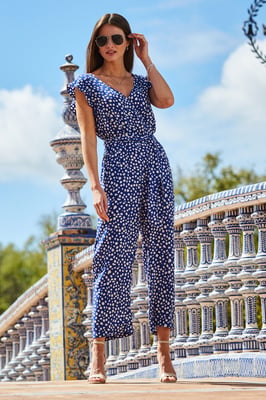Blue & White Spot Print Ruffle Shoulder Jumpsuit