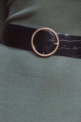 Black Croc Leather Belt With Round Buckle