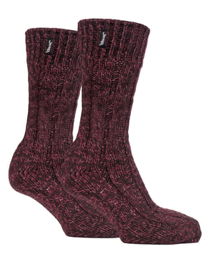 Mens Wool Hiking Socks | Jeep | Knit Ribbed Design Padded Boot Socks for Trekking, Running, Walking - Brown / Berry