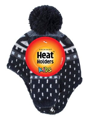 Heat Holders - Boys Outdoor Faux Fur Pom Pom Hat with Ear Flaps & Mittens Gloves - Black