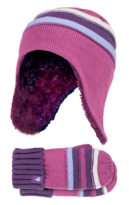 Heat Holders - Girls Winter Warm Pom Pom Bobble Beanie Hat and Mittens Set - Red Violet