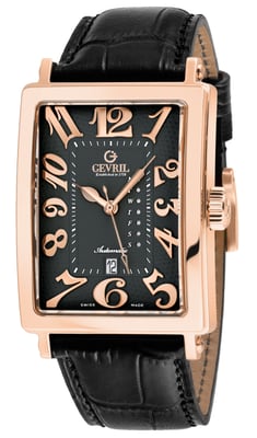 Gevril Men's Avenue of America's IPRG Case, Black/RG Dial, Genuine Italian Handmade Leather Strap
