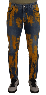 Dolce & Gabbana Blå Gul Färg Bomulls Slim Fit Herrjeans