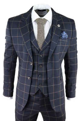 Mens Navy Blue Check 3 Piece Tweed Suit Peaky Blinders 1920s Gatsby Tailored Fit