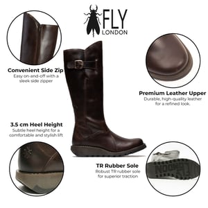 Fly London Dames Bruine MOL 2 Leren Wedge Heel Kniehoge Rits Laarzen