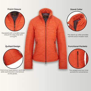 Womens Orange Puffer Quilted Bomber Leather Jacket - Hamar