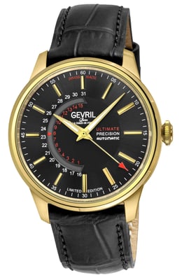 Gevril Men's Guggenheim Sellita SW220 Custom date wheel Genuine Italian Handmade Black Leather Watch
