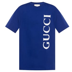 Gucci Large Vertical Brand Logo Regular Fit Blue T-Shirt