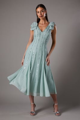 Bow Shoulder Embellished Midi Dress