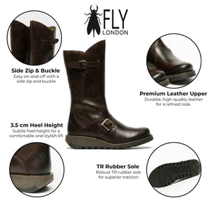 Fly London Dames Bruine MES 2 Wedge Heel Buckle Mid-Calf Leren Zip Platform Laarzen
