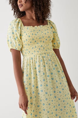 Yellow Ditsy Floral Shirred Midi Dress