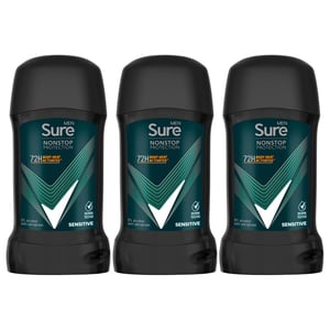 Sure Men AntiPerspirant Deodorant Stick Sensitive 72H Nonstop Protection, 3x50ml