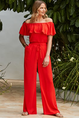Red Crinkle Wide Leg Trousers