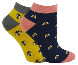 2 Pair Multipack Ladies Bamboo Trainer Socks | Miss Sparrow | Breathable Novelty Animal Patterns Socks - Honey Bees