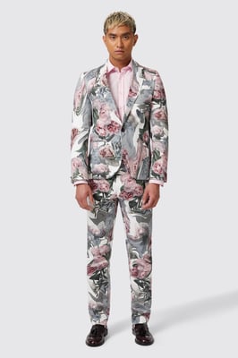 Dali Skinny Fit White Cotton Floral Suit