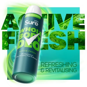 Sure Men Whole Body Deodorant Spray Active Fresh w/ 72H Odour Control 150ml, 3pk