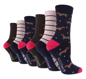 6 Pack Ladies Fun Design Socks | Wildfeet | Cute Novelty Animal Pattern Socks - Dashchund