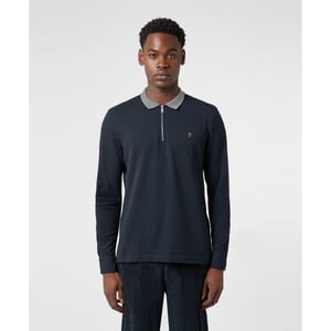 Men's Farah Vancouver Zipped Long Sleeve Polo Shirt in Navy
