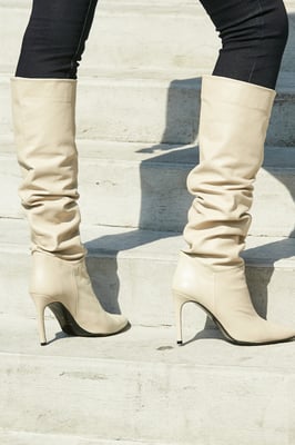 Belle Cream Leather Slouch Stiletto Heel Knee High Boot