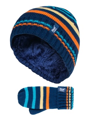 Heat Holders - Kids Boys Winter Knitted Thermal Fleece Lined Cuffed Beanie Hat and Mittens Set - NSM1P5
