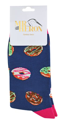 Mr Heron - Mens Bamboo Socks | Novelty Funky Socks | Patterned Argyle Striped Socks | Breathable Soft | Gifts for Him - Donuts (Navy)