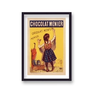 Vintage French Advertising Print Menier Chocolat Young Girl Writing on Wall - Black Frame