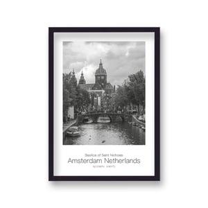 Polaroid Style B&W Travel Print Basilica of Saint Nicholas Amsterdam Netherlands - Black Frame