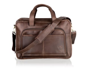 Woodland Leather Large Brown Satchel Briefcase, Flap Over 18.5" Multi Zip Pockets