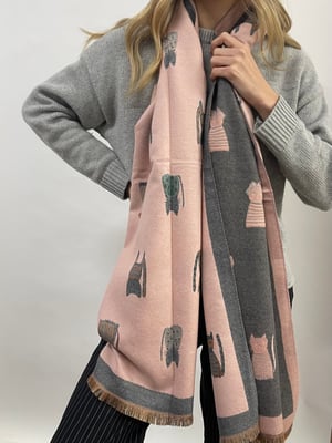 Cat Printed Scarf in Pink & Grey - Wool Blend