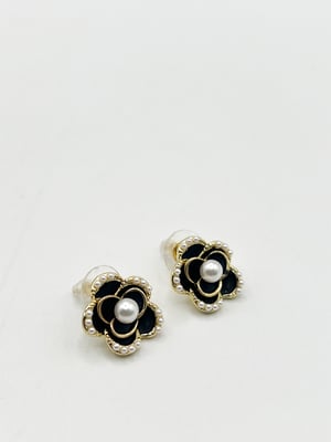 Black Flower Pearl Earrings in Gold - Gift Boxed