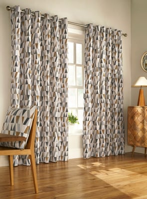 Reno Geometric Eyelet Curtains in Charocal/Gold
