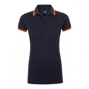 SOLS Womens/Ladies Pasadena Tipped Short Sleeve Pique Polo Shirt (French Navy/Neon Orange)