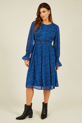 Blue Recycled Animal Print Long Sleeve Tunic Midi Dress